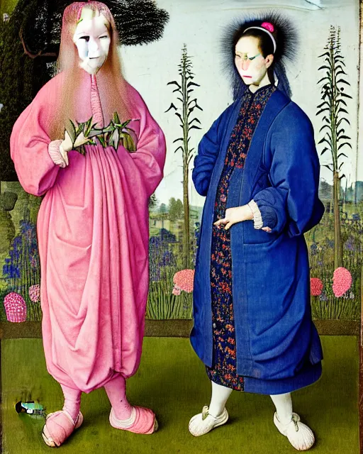 Prompt: portrait of two women with blue pink long hair wearing a blue jacket and baggy jeans, standing in a big garden full of plants and flowers, intricate details, high detail, in the style of rogier van der weyden and jacopo da pontormo, punk, asian art,