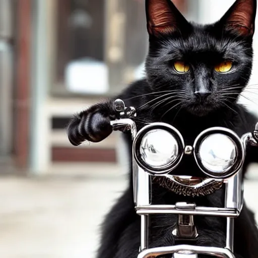 Image similar to a black cat with aviator goggles riding a Harley Davidson