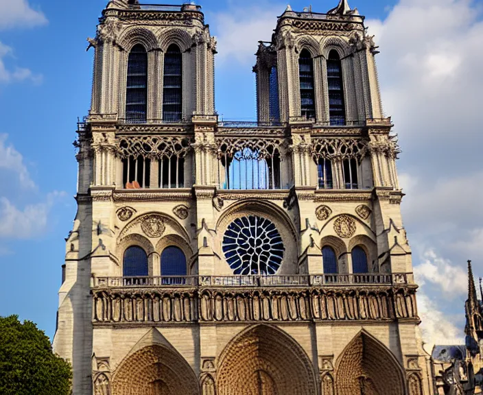 Prompt: 4 k hd, high detail photograph of notre dame cathedral, full colour, shot with sigma f / 4. 2, 2 5 0 mm sharp lens, wide shot, volumetric lighting, high level texture render