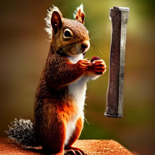 Image similar to the squirrel thor ~ holding his hammer ~ dramatic thunder background ~ fighting scene ~