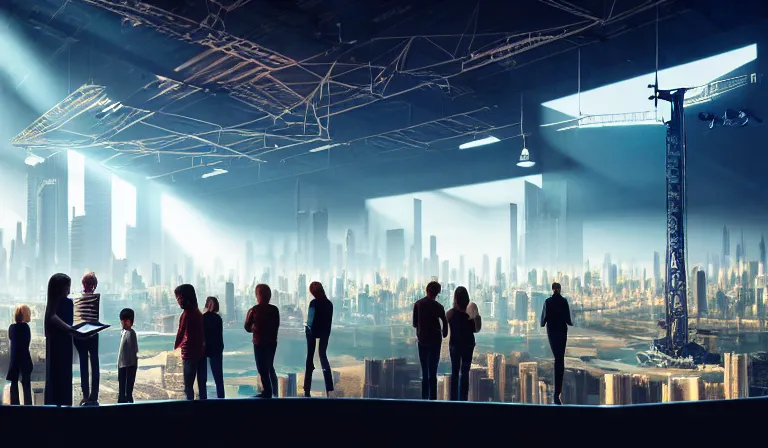 Image similar to group of people in simple warehouse, surrounding and looking at hologram of futuristic city on a table, cinematic concept art, godrays, golden hour, natural sunlight, 4 k, clear details, tabletop model buildings, center model buildings, hologram center, crane shot, crane shot, crane shot
