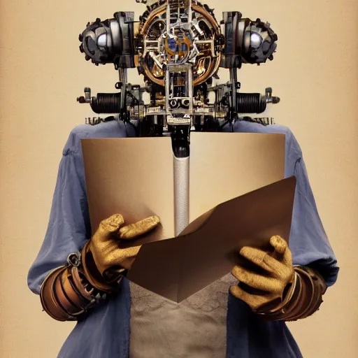 Image similar to a beautiful intricate fine art portrait photo of a happy mechanical industrial steampunk robot reading a letter of admission held in hands, by anna dittman and zach sutton, eyes glowing, happiness!, perfection!, studio lighting, golden ratio composition, 50mm lens, bionic, cybernetic scifi, deep depth of field, artstation, 8K