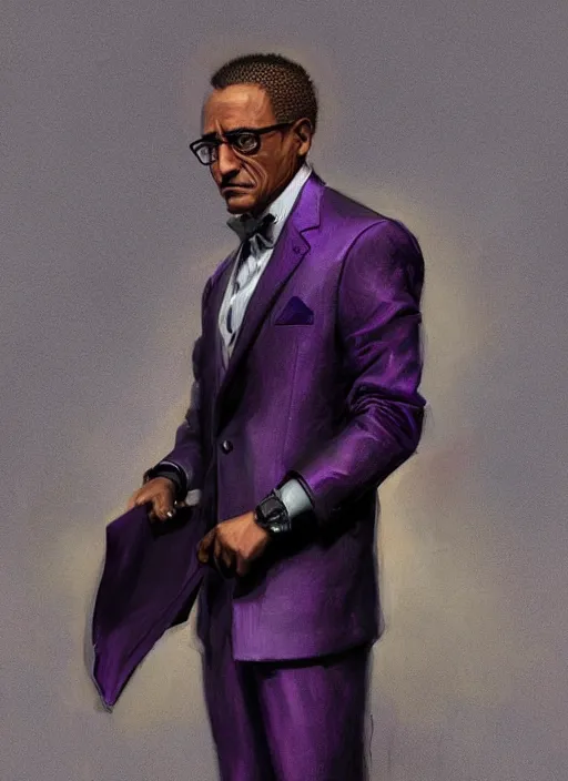 Prompt: Gustavo Fring wearing a dark purple suit, elegant, digital painting, concept art, smooth, sharp focus, illustration, from StarCraft by Ruan Jia and Mandy Jurgens and Artgerm and William-Adolphe Bouguerea