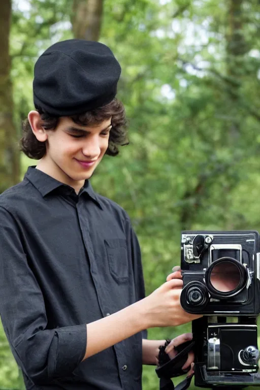 Image similar to slim teenage boy, dark curly hair, wearing a black beret hat, dark shirt black trousers, brown satchel, outside in a park, using a super 8mm camera to film a bear which is beside him