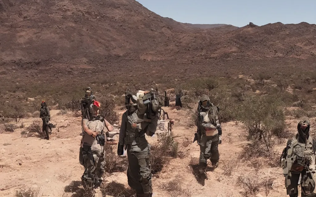 Image similar to a team of five people in dark green tactical gear like death stranding and masks, red mesas behind them, look at a desert oasis in the distance. They 're afraid. dusty, red, mid day, heat shimmering, 35mm film