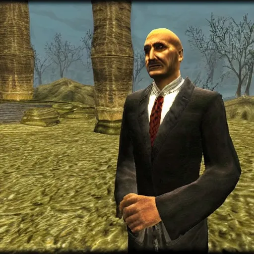 Prompt: Alexander Lukashenko wearing a suit and tie in Balmora in Elder Scrolls III: Morrowind, 2002 Morrowind graphics