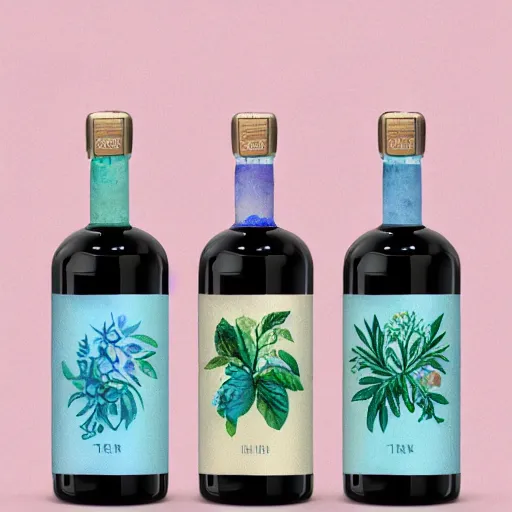 Image similar to water colour botanical designs, illustration, pastel colours, smooth, magical painting, gin packaging design, front label, packaging of the world, behance