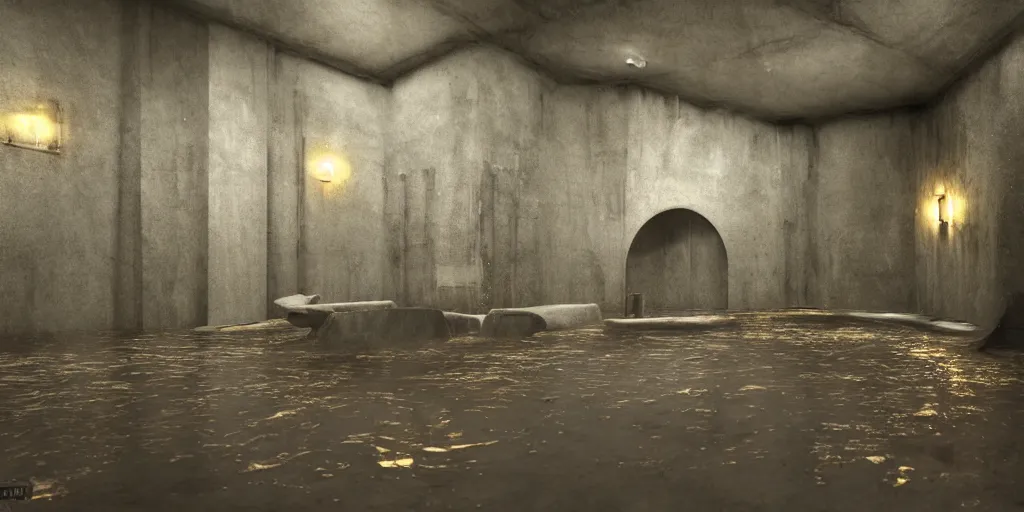 Image similar to echo chamber room, dark art fantasy, 3d render, super detailed, puddle of water, barrels, foggy