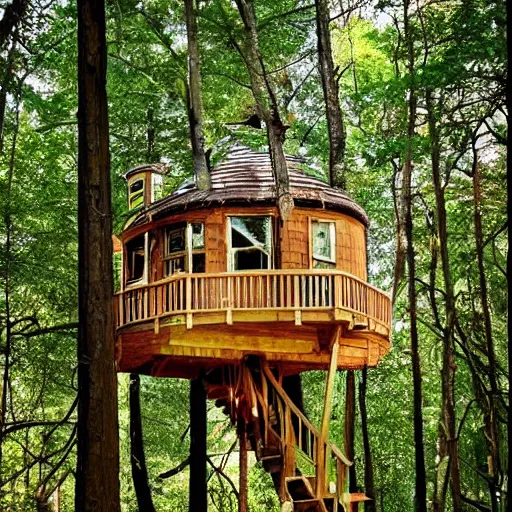 Image similar to treehouse in a forest, dreamy