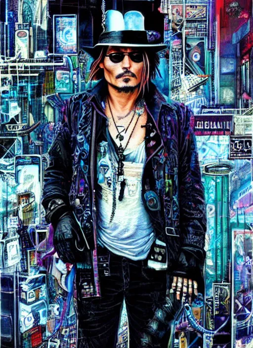 Prompt: johnny depp in a cyberpunk city by james jean, manuel sanjulian