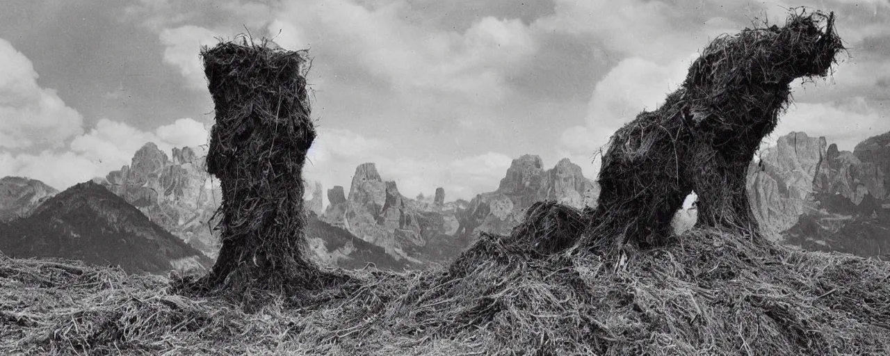 Prompt: 1940s photography of eerie landscape in the dolomites, farmer transformed into root and hay monster