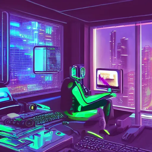 Image similar to a cyberpunk room, big windows overlooking a futuristic and neon city, in the middle of the room an otter typing on a computer terminal wearing big headphones, hyper realistic