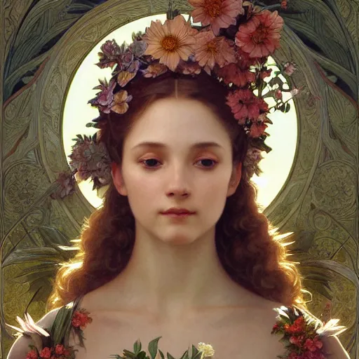 Image similar to a flower goddess, intricate, elegant, highly detailed, digital painting, artstation, concept art, smooth, sharp focus, illustration, art by artgerm and greg rutkowski and alphonse mucha and william - adolphe bouguereau and stephanie law