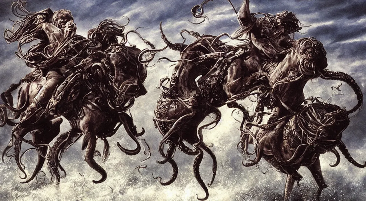 Image similar to an octopus riding a horse leading the charge, epic, John Carpenter