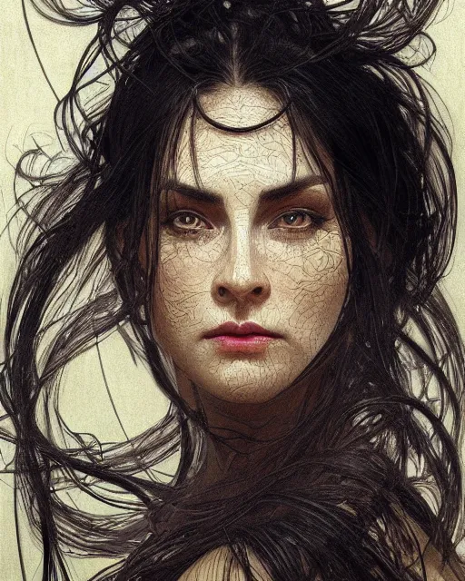 Prompt: portrait of a tall 4 0 - year - old woman with thin lips, long, lush unkempt black hair, and thick eyebrows, wearing in black clothes, hyper realistic face, beautiful eyes, close up, fantasy art, in the style of greg rutkowski, intricate, alphonse mucha, hyper detailed, smooth