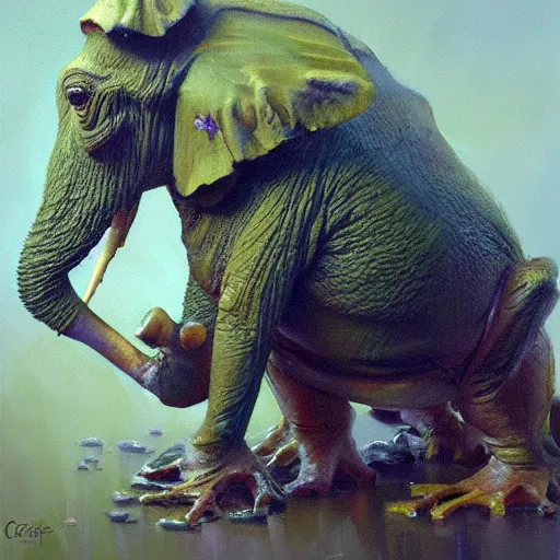 Prompt: frog - elephant creature, oil painting by craig mullins