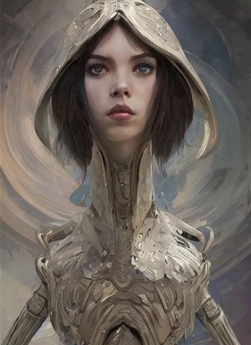 Image similar to a professional painting of a beautiful young female alien, clothed in ethereal armor, olive skin, long dark hair, beautiful bone structure, symmetrical facial features, intricate, elegant, digital painting, concept art, smooth, sharp focus, illustration, from Valerian and the City of a Thousand Planets, by Ruan Jia and Mandy Jurgens and Artgerm and William-Adolphe Bouguerea