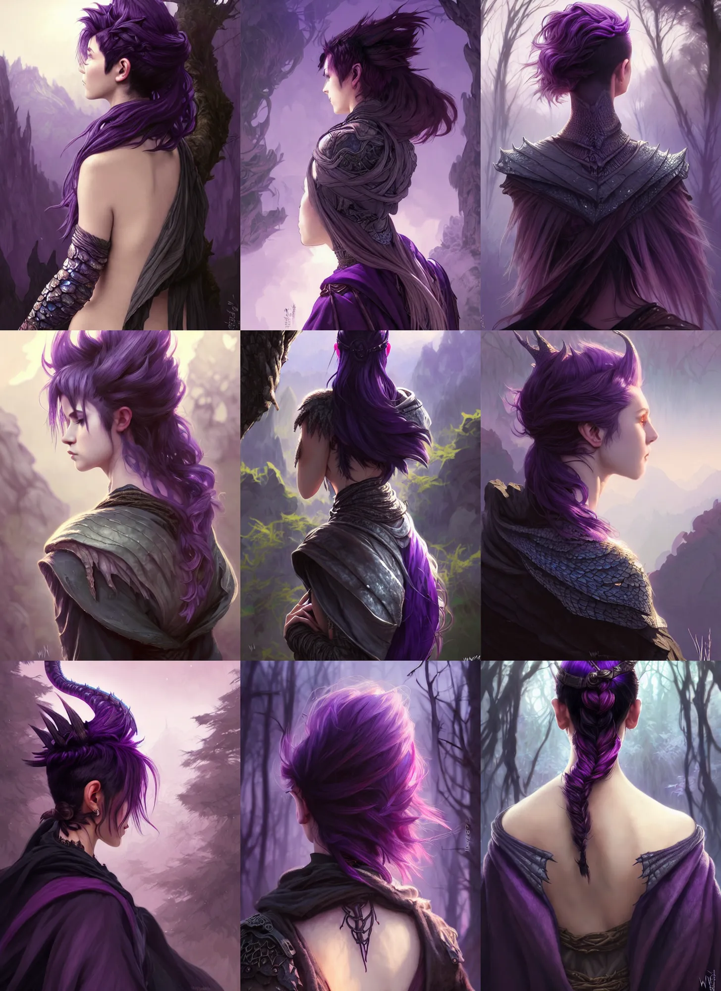 Image similar to back portrait rugged girl, adventurer outfit large cloak, fantasy forest landscape, dragon scales, fantasy magic, undercut hairstyle, short purple black fade hair, dark light night, intricate, elegant, sharp focus, illustration, highly detailed, digital painting, concept art, matte, art by wlop and artgerm and greg rutkowski and alphonse mucha, masterpiece