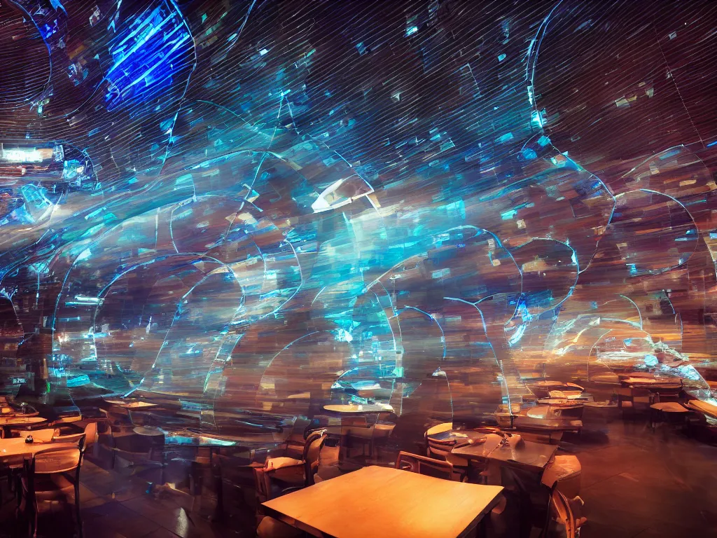 Image similar to visors with curved translucent screens playing detailed sci - fi art ( 2 0 4 2 ), pixel perfect photograph, high contrast, volumetric lighting, thin glowing lights, restaurant, chairs, users, pair of keys