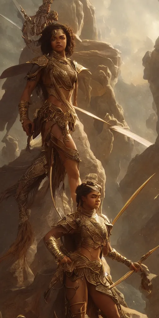 Image similar to tessa thompson, beautiful fantasy warrior princess, dungeons and dragons, masterpiece by edgar maxence and ross tran and michael whelan, gustav dore, 8 k, octane render