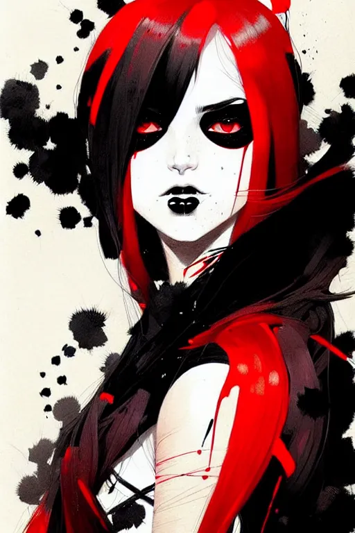 Image similar to a ultradetailed beautiful painting of a stylish goth girl, black eyes, red and black, by conrad roset, greg rutkowski and makoto shinkai trending on artstation