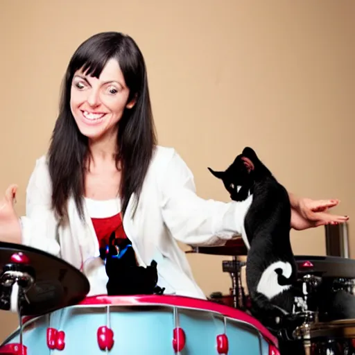 Prompt: tall dark haired woman teaching cats how to play drums