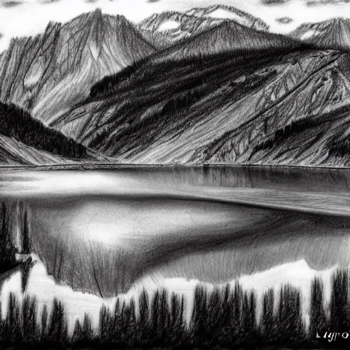 Image similar to a drawing of lago di sorapis, in the style of den yakovlev, black and white, hyper realistic, highly detailed