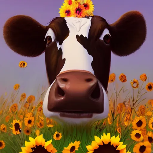 Image similar to the face of a cow with big sunflowers surrounding it, lois van baarle, ilya kuvshinov, rossdraws, artstation