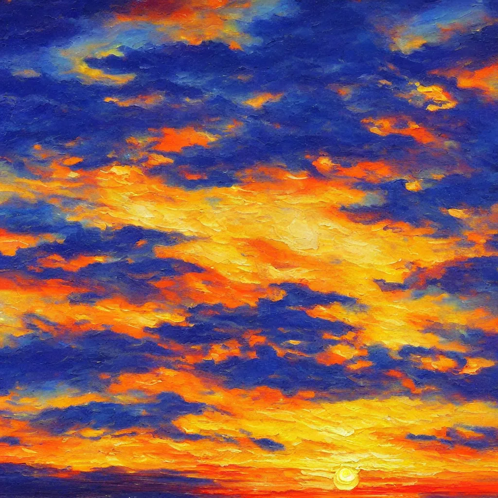 Image similar to an impasto oil painting of a stunning sunset painted by ken hong leung, blue color scheme, golden ratio