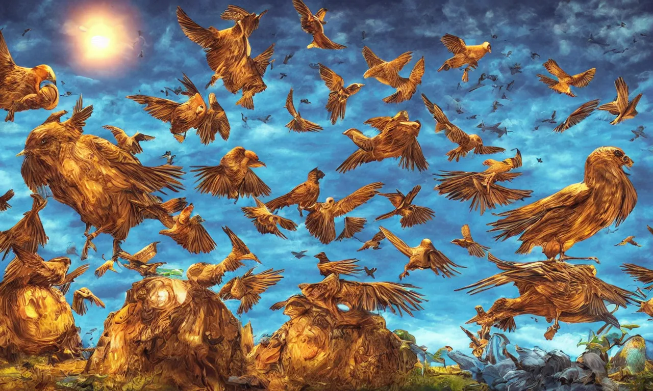 Image similar to discworld theme, flocking birds, 3 d art, digital illustration, perfect lighting