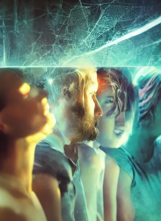 Prompt: cinematic shot epic group happy humans, hyper realistic, mood lighting, fantasy, detailed flow of beautiful digital images, floating graphics, dripping light drops, supercomputers text to images, beautiful graphics, highly detailed, super realistic, perfect lighting pixel sorting, style sheet