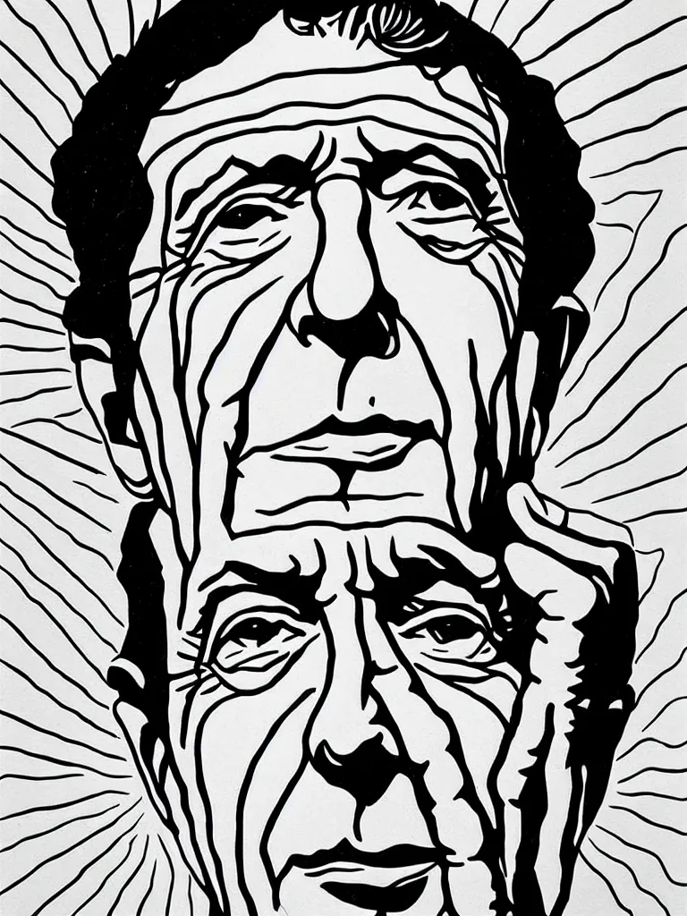 Image similar to a detailed line art portrait of writer leonard cohen, inspired by cubism.