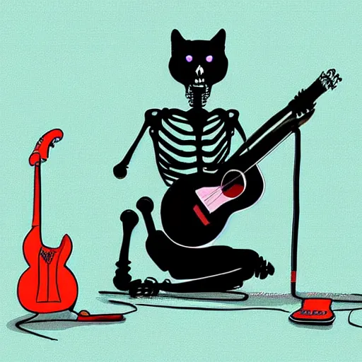 Image similar to skeleton wearing headphones watching girl playing guitar with her black cat standing next to her, digital art