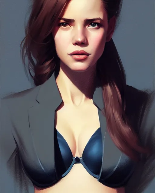 Prompt: a beautiful girl with office jacket and bra portrait | | realistic shaded, unpleasant face, bad looking, fine details, realistic shaded lighting poster by greg rutkowski, magali villeneuve, artgerm, jeremy lipkin and michael garmash and rob rey