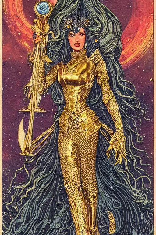 Prompt: Portrait of an epic space queen sorceress with long hair wearing armor with ornate bronze and gold, Art Noveau retro science fiction cover by William Morris and Kelly Freas (1965), vintage 1960 print, tarot card, vivid, highly detailed, cgsociety, artgerm