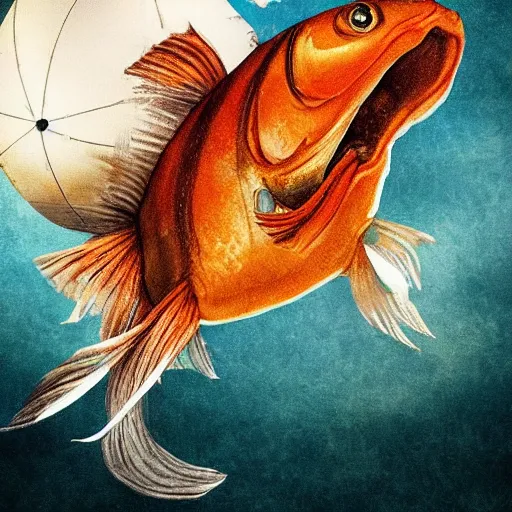 Image similar to a pirate riding a giant goldfish, high quality photo