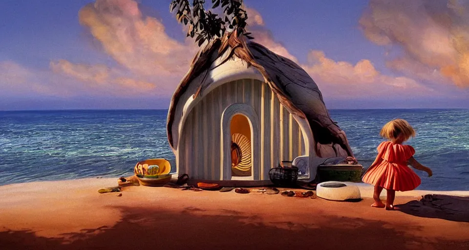 Prompt: seashell house where a little girl lives, atmospheric cinematography by syd mead and emmanuel lubezki