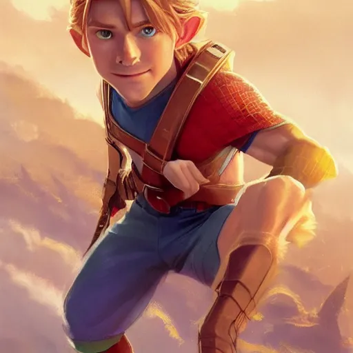 Image similar to Link The movie,live action,played by Tom Holland, blonde hair,detailed 8k,in the style of a movie poster,medium shot,by rossdraws and greg rutkowski