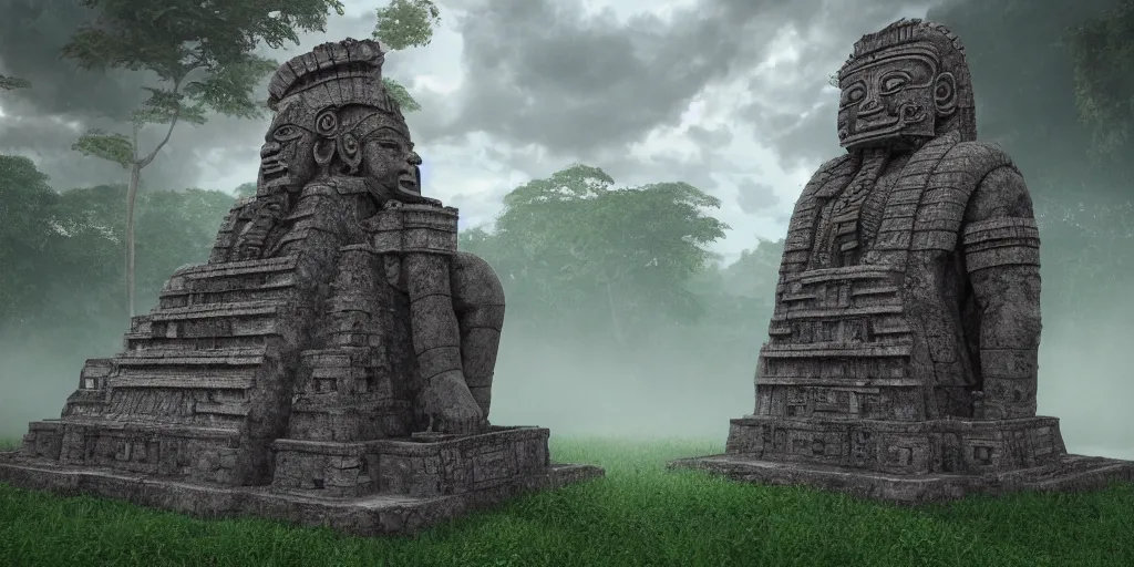 Prompt: mayan god statue in stone, surrounded by lush green vegetation, ground - level view, puddles of water, stunning volumetric lighting, sunset, trending on artstation, 8 k, photorealistic, hyper detailed, unreal engine 5, cinematic, epic lighting, cryengine, octane render, cyberpunk, red and orange glow, dark, gloomy