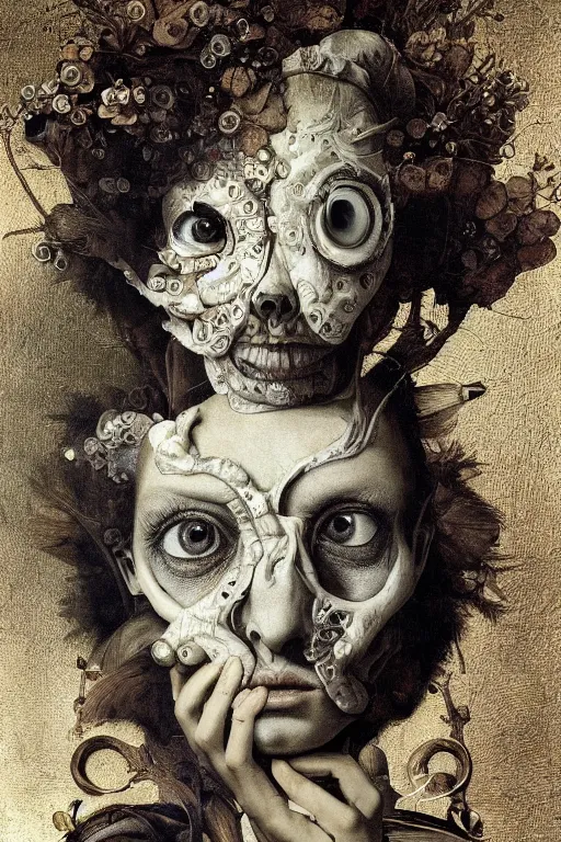 Image similar to Detailed maximalist portrait with large lips and with large wide eyes, surprised expression, surreal extra flesh and bones, HD mixed media, 3D collage, highly detailed and intricate, illustration in the golden ratio, in the style of Caravaggio, dark art, baroque