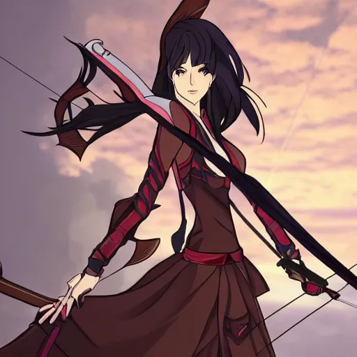 Prompt: woman with a bow and arrow anime, art illustration, incredibly highly detailed and realistic, 8 k, sharp focus