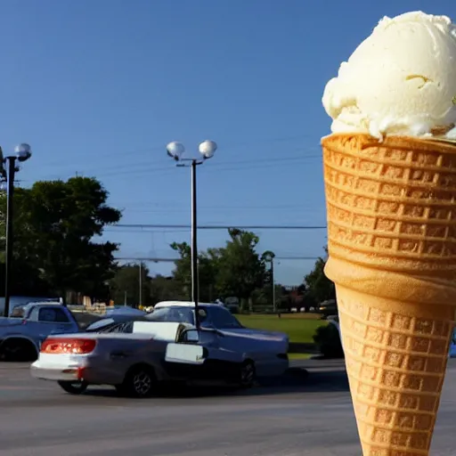 Prompt: ice cream cone the size of a house in the parking lot