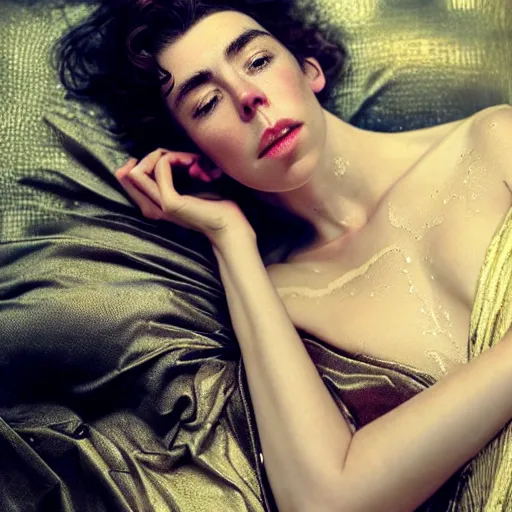Image similar to stunning photo of vanessa kirby laying back on a pillow, dark - haired goddess with tears running down her face, a beautiful closeup, wet lips, perfect eyes, insanely detailed, elegant, by mucha, wlop, rutkowski, livia prima