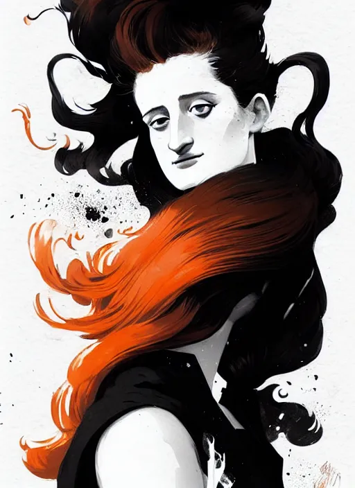 Image similar to highly detailed closeup portrait of beautiful grace gummer as dom dipierro, wavy ginger hair, black dress, by atey ghailan, by greg rutkowski, by greg tocchini, by james gilleard, by joe fenton, by kaethe butcher, gradient orange, black and white color scheme, grunge aesthetic!!! ( ( graffiti tag wall background ) )