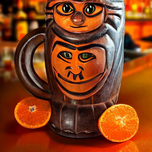 Image similar to a closeup photorealistic photograph of an orange cat garfield style tiki mug sitting on a trader vic's bar featuring garfield's face. tiki party. bright scene. fine detail. this 4 k hd image is trending on artstation, featured on behance, well - rendered, extra crisp, features intricate detail, epic composition and the style of unreal engine.