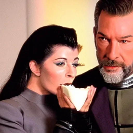 Prompt: commander riker eating a cake made of deanna troi