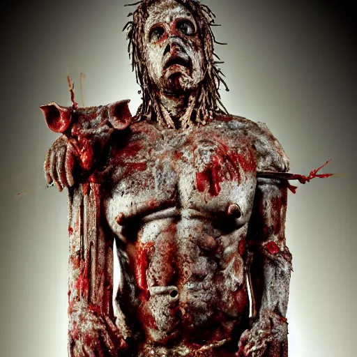 Image similar to a highly detailed realistic photographic render crucified bloody humanoid pig, bloody christ with the head of a pig, dead souls, religious sculpture, creepy, horror, horror scene, cinematic horror, creepy horror, scary scene, cinematic lighting, cinematic scene, Volumetric lighting, Atmospheric scene, Dark, Horror, Atmospheric lighting, Global illumination, realistic, photo realism, hyper realistic, hyper realism, photo realisitc, cinematic render, film, beautifully lit, ray traced, octane 3D render, octane render, unreal engine