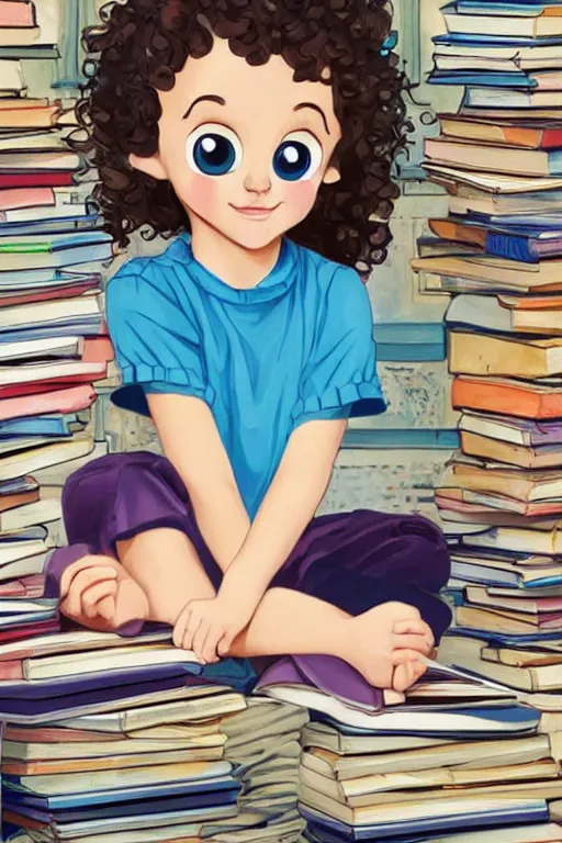 Prompt: a cute little girl with short curly brown hair and blue eyes sits cross legged on top of a tall pile of books. she is reading. clean pretty cartoon by disney, beautiful detailed face.