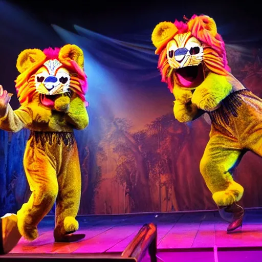 Image similar to terrible lion mascot costumes in a stage show at disneyland, covered outdoor stage, theatrical lighting, iphone video