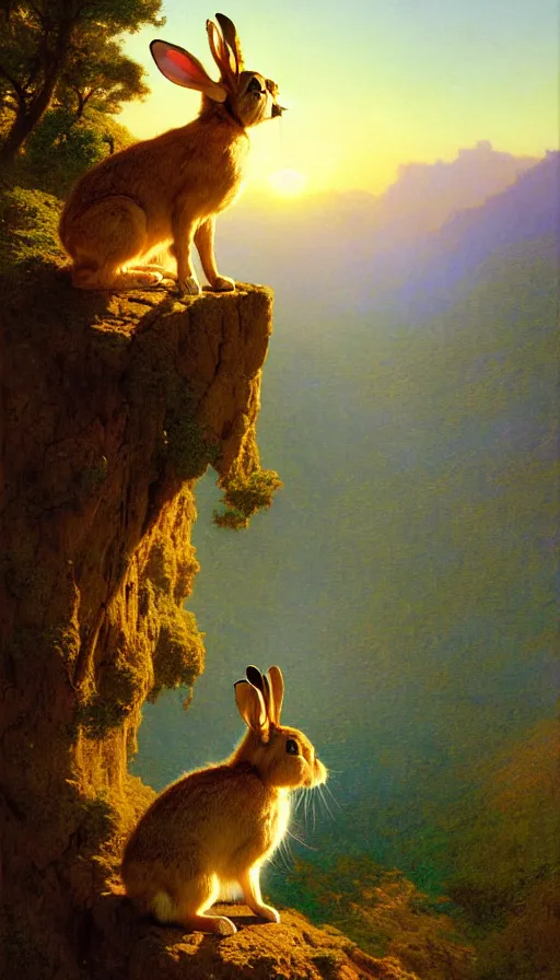 Image similar to hyper realistic rabbit looking off of a cliff, sun setting behind rabbit, lush forest in valley below, painted by james gurney, gaston bussiere, craig mullins, j. c. leyendecker 8 k